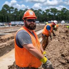 Construction worker in an orange vest and hard hat at a work site.
