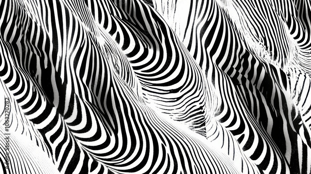 Poster a striking abstract design featuring intricate black and white wave patterns resembling zebra stripe