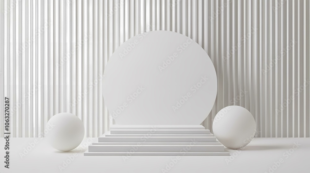 Poster the image contains a white background with a large, white, circle shape and a set of white steps. th