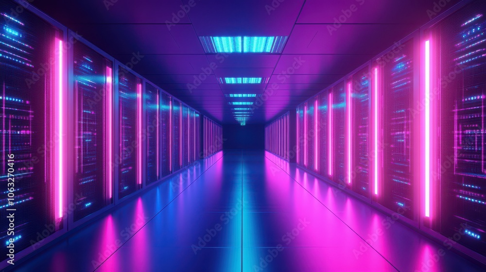 Aufkleber futuristic data center corridor with blue and purple led lights reflecting on high-speed computing s