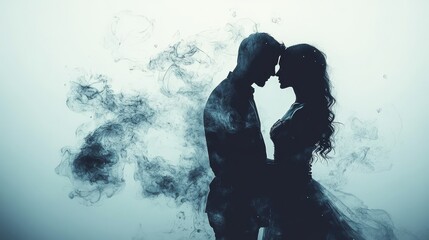 Silhouette of a couple standing in front of a swirling blue smoke background  .