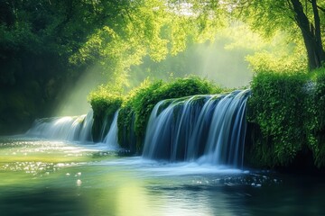 Experience the Tranquility of Sunlit Forests as the Gentle Breeze Whisper Through Waterfalls