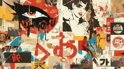 Obraz premium Vibrant mixed media artwork featuring graphic illustrations and bold colors, emphasizing dynamic urban culture.