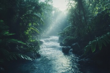 Obraz premium Experience Tranquility in the Forest as Sunlight Dances Through the Breezy Canopy