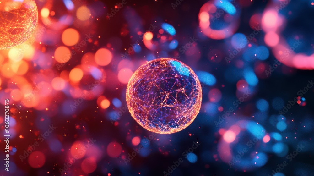 Poster futuristic nanotechnology and miniaturization abstract background with glowing spheres and molecular