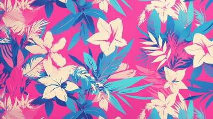 Vibrant floral pattern featuring tropical plants and flowers on a bold pink background.