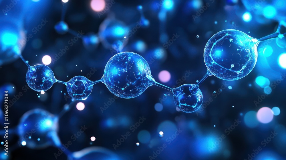 Poster futuristic nanotechnology and miniaturization abstract background with glowing spheres and molecular