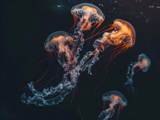 Glowing jellyfish pulse gently in the water, creating a mesmerizing and elegant underwater ballet performance.