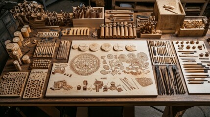 An array of pyrography tools laid out on a workbench, Burning Tools and Techniques