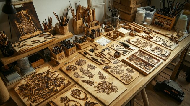 An array of pyrography tools laid out on a workbench, Burning Tools and Techniques