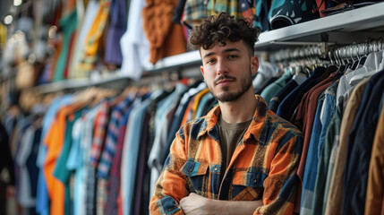 Fototapeta premium young man with curly hair standing confidently in a clothing store, surrounded by racks of colorful clothes. He is wearing a bright plaid shirt