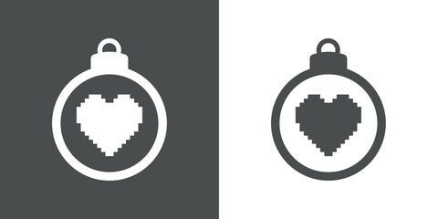 Decoración de Navidad. Logo con silueta de bola de navidad con corazón estilo arcade con pixels para tarjetas y felicitaciones