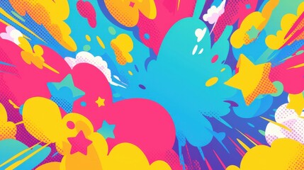 Fototapeta premium Bright and colorful abstract design featuring vibrant pink, blue, and yellow elements radiating energy.