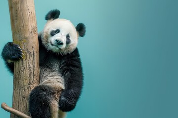 panda resting on a tree, space for text, copy space