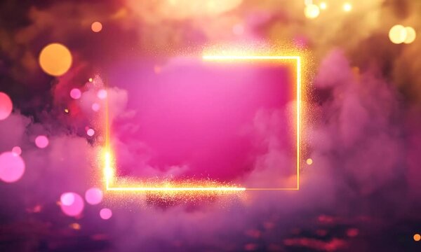 Golden rectangular frame decorated with shining golden lights isolated pink background. Copy and paste area to add products and articles. Video background.