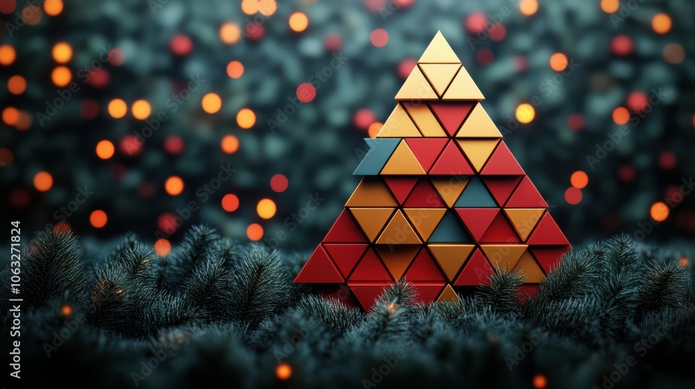 Poster geometric design of a christmas tree made of interlocking triangles and squares, with each shape con