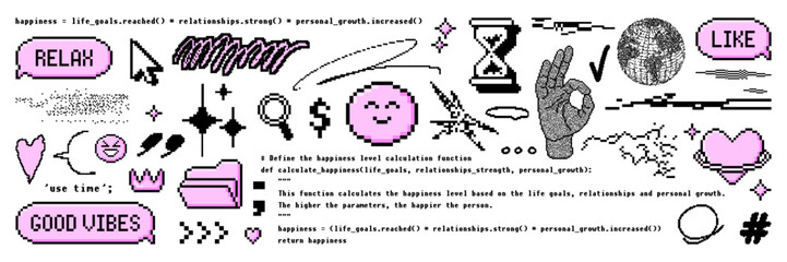 Graphic pixel shape asset pack. Trendy bitmap geometric element and pixel art for sticker, poster, collage, design template. Vector elements.