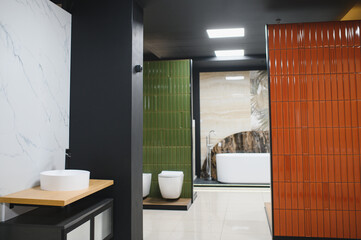 Hardware store. Furniture and accessories for the bathroom. Shower cabins, bedside tables, mirrors, toilets and more in the exhibition hall