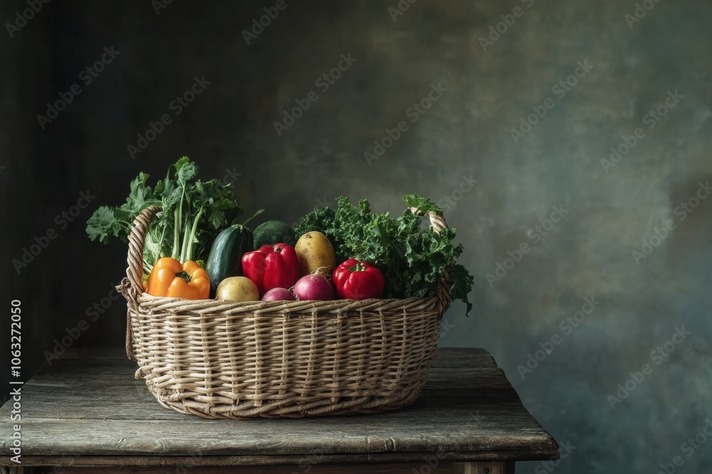 Poster A wicker basket overflows with vibrant fresh vegetables and fruits, adding a touch of nature to a rustic wooden table. Generative AI