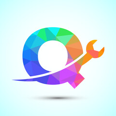 Graphic alphabet Q with wrench. Logo for mechanical, technology, repair service , automotive business low poly Style