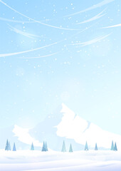 Frosty winter landscape. Snow-covered mountains and valley, trees in drifts, snowfall. Vector image.
