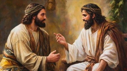Obraz premium portrayal of Jesus encountering the rich young ruler, teaching the challenge of giving up wealth to follow God,