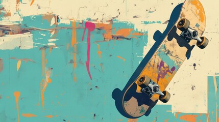 A vibrant, artistic skateboard rests against a colorful splattered wall, showcasing urban street culture.
