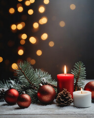 Christmas card design. New year festive mock up with lights and decor. Christmas tree and snow