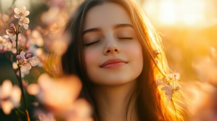 Fototapeta premium Photo of adorable dreamy girl enjoying spring weather free time harmony weekend moment fresh air