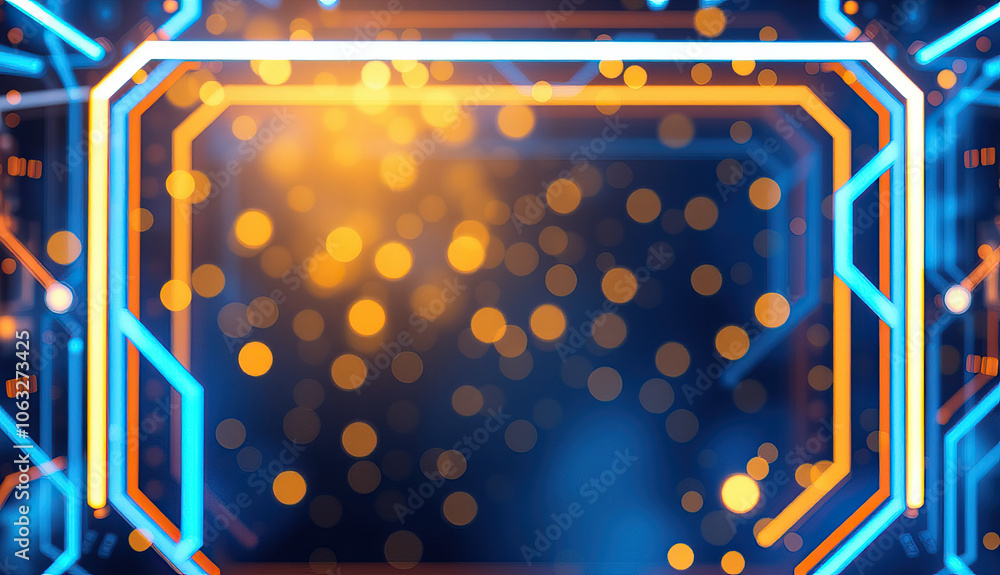 Poster blue orange glowing frame with soft bokeh particles tech futuristic border digital ai technology bac