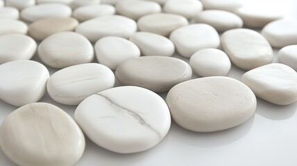 Fototapeta premium Close-up of smooth, white and beige stones scattered on a white surface.