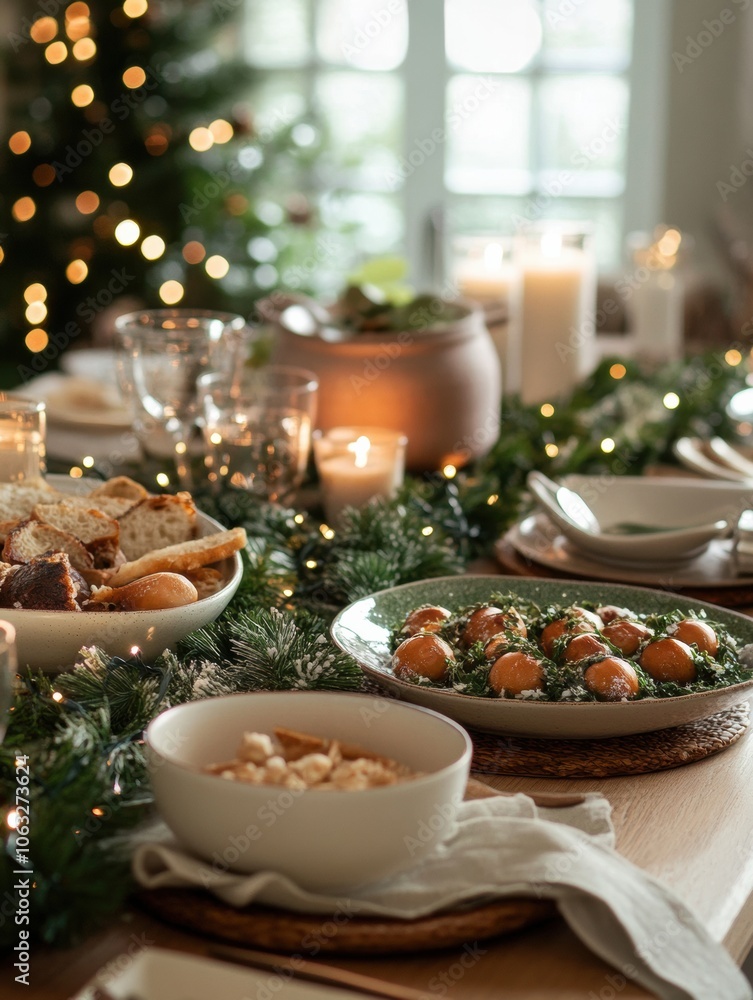 Poster the table is elegantly adorned with a variety of christmas dishes, surrounded by twinkling candles a