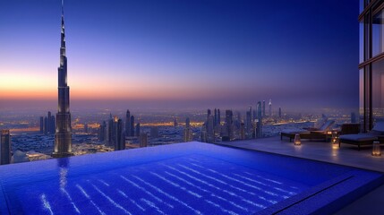 Infinity pool overlooking city skyline at dusk.