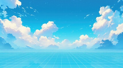 Vibrant blue sky with fluffy white clouds, creating a serene, dreamlike atmosphere above a calm grid landscape.