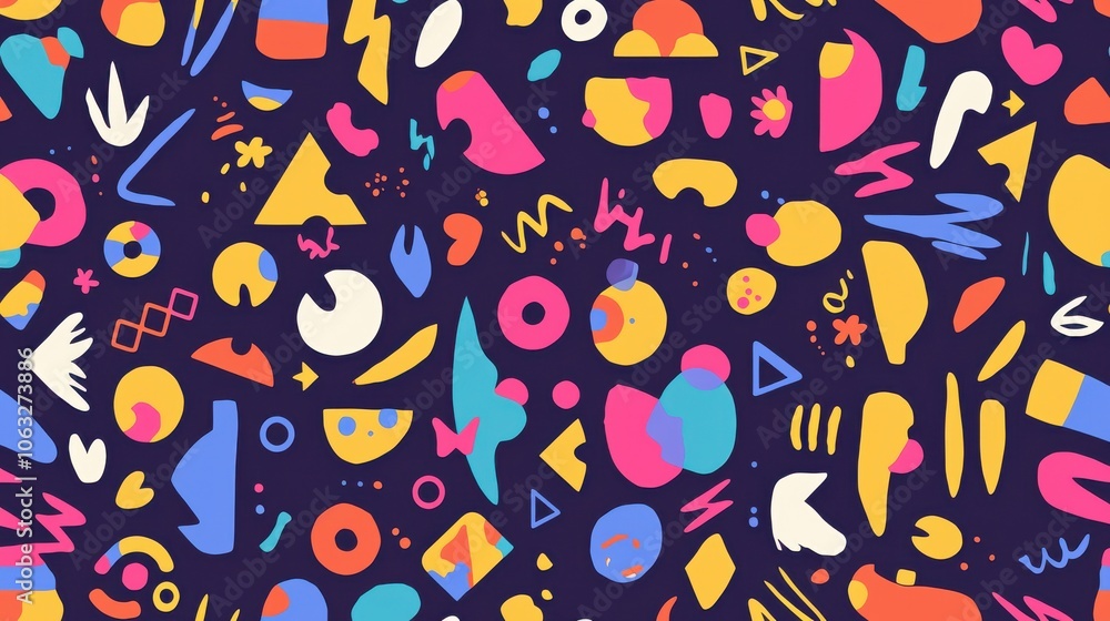 Poster vibrant abstract pattern featuring colorful shapes and designs on a dark background.