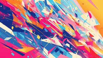 Vibrant abstract composition with dynamic hues, showcasing a blend of sharp angles and flowing shapes in bright colors.