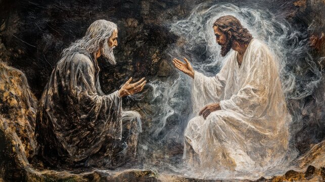 portrayal of Jesusâ€™ encounter with Nicodemus, teaching about being born again and the way to eternal life, symbolizing spiritual rebirth,