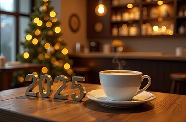 In a cafe, there is a cup of hot coffee on a wooden table, next to it are the numbers of the New Year 2025, and there is a Christmas tree by the window