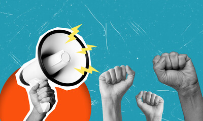 Modern art collage banner art featuring crowd fists up and megaphones on a blue background.