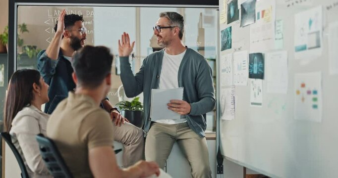 Business, people or high five with meeting in office for planning user interface system or code review for website development. Web developer, whiteboard or documents for webpage maintenance solution
