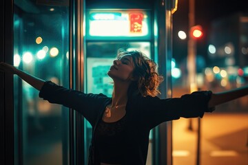 A woman stands outside a vintage phone booth, ready to make a call