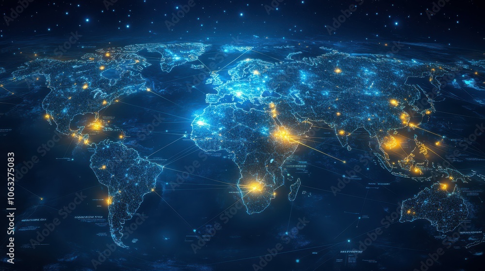 Poster global digital network map with illuminated data points connecting major cities and regions, depicti