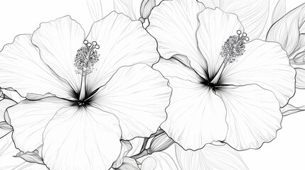 Fototapeta premium Two intricately illustrated hibiscus flowers in monochrome, showcasing delicate petals and fine details.