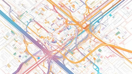Obraz premium Abstract aerial view of a colorful, complex urban road network showcasing vibrant lines and paths.
