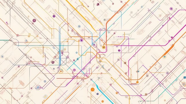 Colorful abstract transportation map design with vibrant lines and nodes, creating a dynamic visual flow.