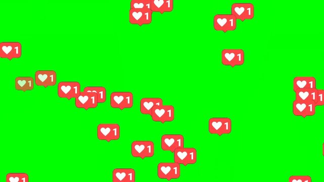 Animated heart icons like notification on green screen. Perfect for social media, video editing. Seamless looping 4K