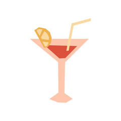 Alcoholic cocktail in martini glass with straw and orange slice vector illustration. Modern party drink with red wine. Minimal, isolated on white design for Birthday, Christmas, flat geometric style