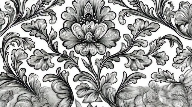 A detailed black and white drawing of a flower with ornate leaves, creating a beautiful and intricate pattern