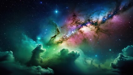 A stunning cosmic landscape featuring vibrant nebulae, swirling clouds, and sparkling stars in a mesmerizing array of colors
