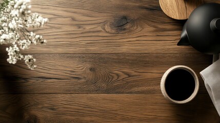 dark oak worktop table in top down view, realistic, natural and contemporary